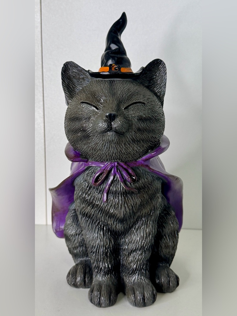 Sitting Black Cat Halloween Décor with Purple Cape and Witch Hat NWT